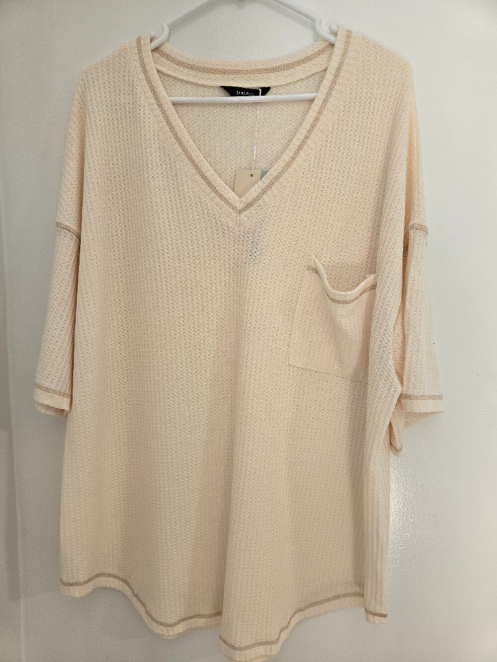 Dokotoo Women’s Waffle Knit Tunic Top–2XL Cream Casual V-Neck Short Sleeve